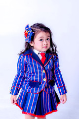 portrait of a little girl. happy little girl in studio, fashion kids portrait white bacground.