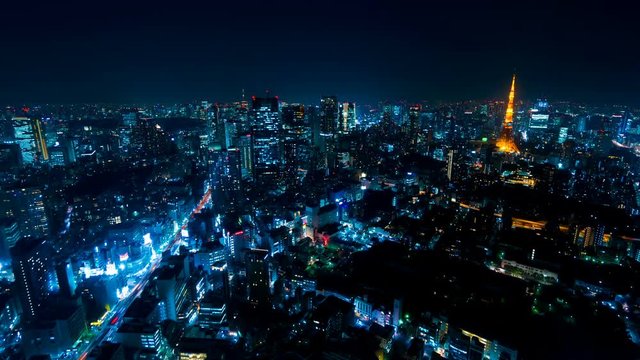 東京　空撮風　タイムラプス　摩天楼の街並み　夜景