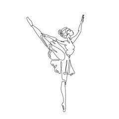 Ballerina dancing in a beautiful pose continuous line drawing, Ballet dancer abstract silhouette single line on a white background, tattoo and logo design, isolated vector illustration.