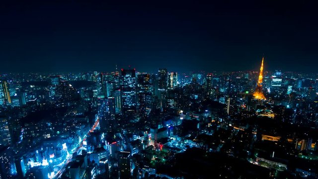 東京　空撮風　タイムラプス　摩天楼の街並み　夜景
