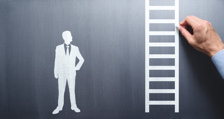 Business growth advice. Drawing ladder on chalkboard. And businessman think about it.