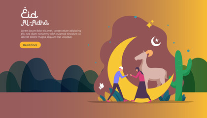 islamic design illustration concept for Happy eid al adha or sacrifice celebration event with people character for web landing page, banner, presentation, poster, ad, promotion or print media.