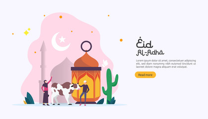 islamic design illustration concept for Happy eid al adha or sacrifice celebration event with people character for web landing page, banner, presentation, poster, ad, promotion or print media.