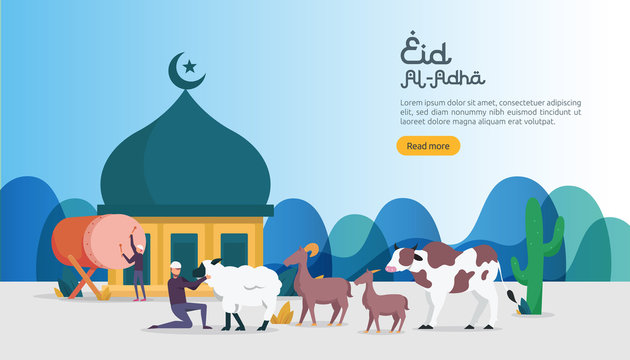 islamic design illustration concept for Happy eid al adha or sacrifice celebration event with people character for web landing page, banner, presentation, poster, ad, promotion or print media.