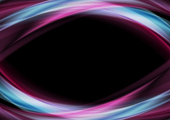 Elegant blue purple waves on black background. Shiny abstract design template with soft flowing wavy lines, bright iridescent layers. Liquid dynamic style vector illustration