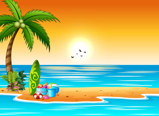 Fototapeta na wymiar Surfboard and beach elements on the seaside at sunset landscape