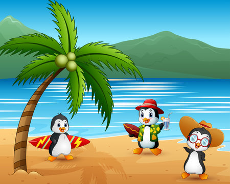 Cute cartoon penguins in summer holiday