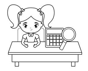 student girl sitting in school desk with supplies education