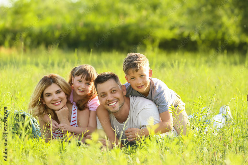 Sticker happy family in park on summer day