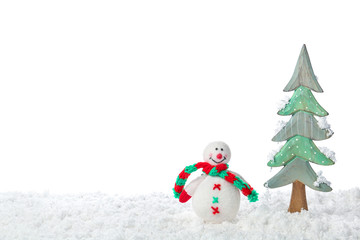 Fir tree with snowman on white background