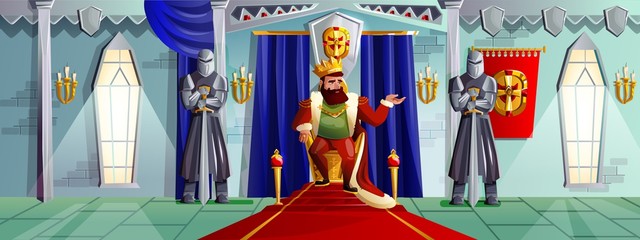 Castle room vector cartoon illustration. Ballroom interior in medieval palace with king in golden crown on royal throne, armed knights in metal armor, tapestries on stone walls, game background