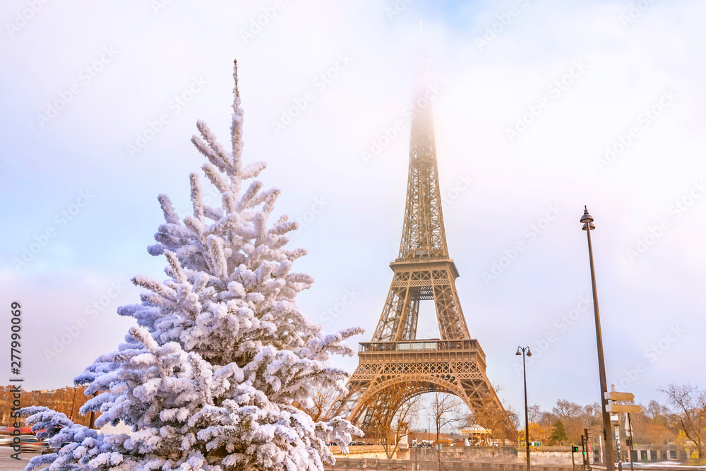 Wall mural Eiffel Tower is the main attraction of Paris on the background of  frosty Christmas trees covered by snow in winter. Travel Greeting Card from Paris with love, France