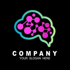 Obraz premium Logo brain with line design illustration, molecule icon, medicine symbol
