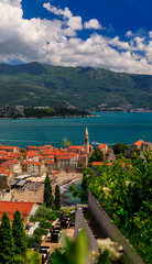 Naklejka na ściany i meble Aerial view of Budva Old Town with the Citadel and the Adriatic Sea in Montenegro