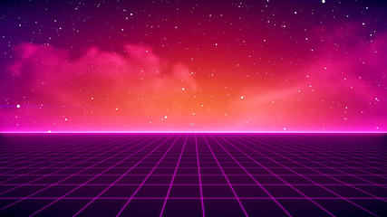 Retro Sci-Fi Background Futuristic landscape of the 80s. Digital Cyber Surface. Suitable for design in the style of the 1980`s - obrazy, fototapety, plakaty