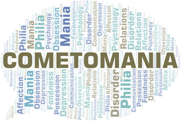 Cometomania word cloud. Type of mania, made with text only.