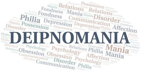 Deipnomania word cloud. Type of mania, made with text only.