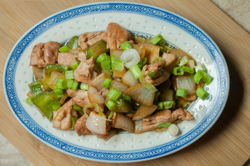 Oriental chicken with vegetables, onion, green pepers, and chopped chives on top, with a touch of soy sauce and ginger. 