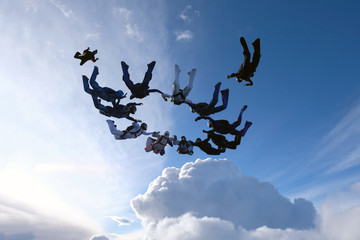 Formation skydiving. A group of skydivers is in the amazing sky.