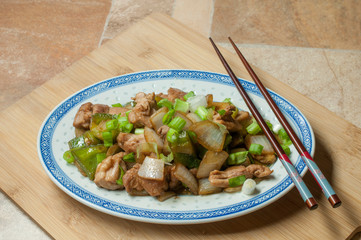 Oriental chicken with vegetables, onion, green pepers, and chopped chives on top, with a touch of soy sauce and ginger,.