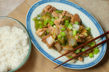 Oriental chicken with vegetables, onion, green pepers, and chopped chives on top, with a touch of soy sauce and ginger, and steam rice.