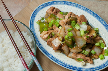 Oriental chicken with white onions,green pepers, soy sauce, ang ginger with chopped chives on top and steam rice