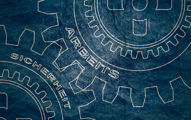 Work and safety text on the mechanism of gears. An inscription in German. Communication concept in industrial design. Modern brochure design template