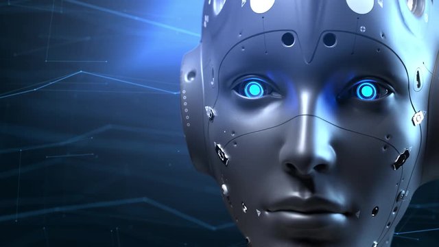 face of a woman's robot studying information. neutral digital background