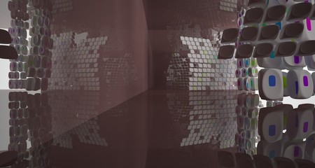Abstract dynamic interior with brown and colored smooth objects. 3D illustration and rendering