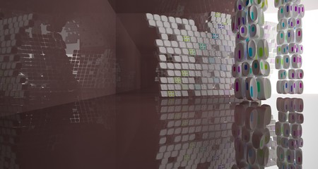 Abstract dynamic interior with brown and colored smooth objects. 3D illustration and rendering