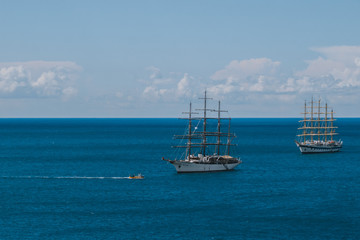 View of sailing ship off the coast, Amalfi Coast, Campania, Costiera Amalfitana, Italy