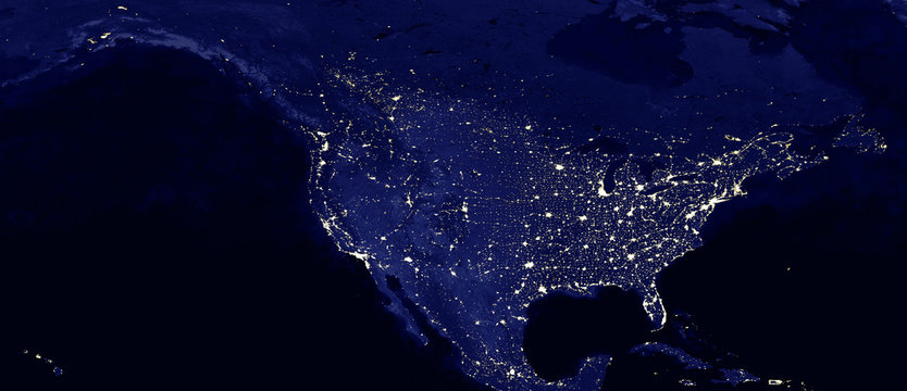 North American continent electric lights map at night. USA and Canada  city lights