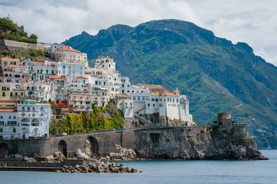 Beautiful view of seaside city Amalfi in the province of Salerno, the region of Campania, Amalfi Coast, Costiera Amalfitana, Italy
