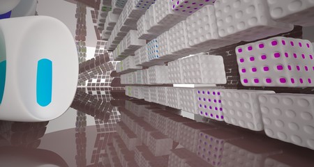 Abstract dynamic interior with brown and colored smooth objects. 3D illustration and rendering