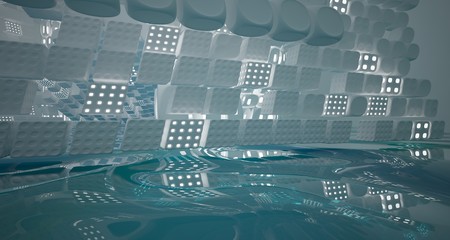 White smooth abstract architectural background with water. Night view with illumination. 3D illustration and rendering