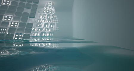 White smooth abstract architectural background with water. Night view with illumination. 3D illustration and rendering