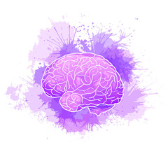 International Alzheimers Day. Human brain with purple watercolor stains. Disease and extinction. Vector cartoon illustration for medical articles, banners, cards and your design.