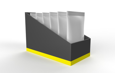 Box with Metallic Sachets Mockup on white background. 3d illustration