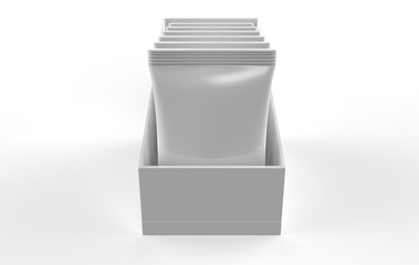 Box with Metallic Sachets Mockup on white background. 3d illustration