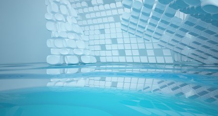 White smooth abstract architectural background with water. 3D illustration and rendering