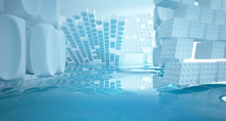 White smooth abstract architectural background with water. 3D illustration and rendering