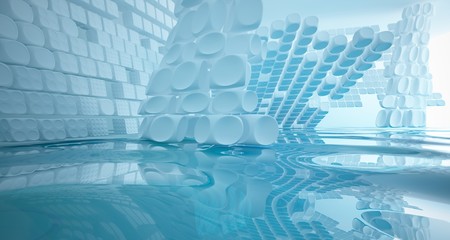 White smooth abstract architectural background with water. 3D illustration and rendering