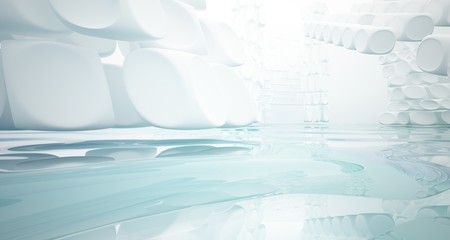 White smooth abstract architectural background with water. 3D illustration and rendering