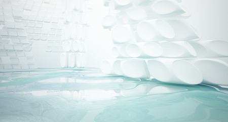 White smooth abstract architectural background with water. 3D illustration and rendering