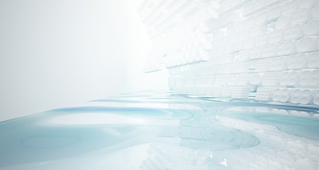 White smooth abstract architectural background with water. 3D illustration and rendering