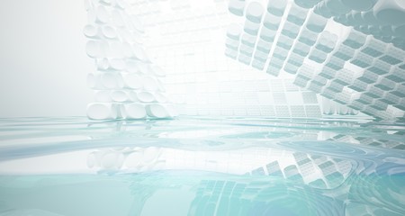 White smooth abstract architectural background with water. 3D illustration and rendering