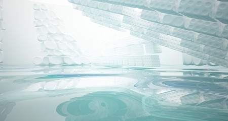 White smooth abstract architectural background with water. 3D illustration and rendering