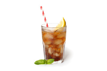 Glass of cold cola with lemon isolated on white background