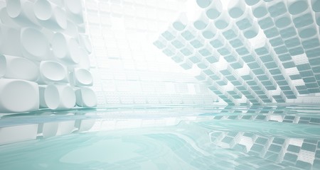 White smooth abstract architectural background with water. 3D illustration and rendering