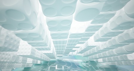 White smooth abstract architectural background with water. 3D illustration and rendering